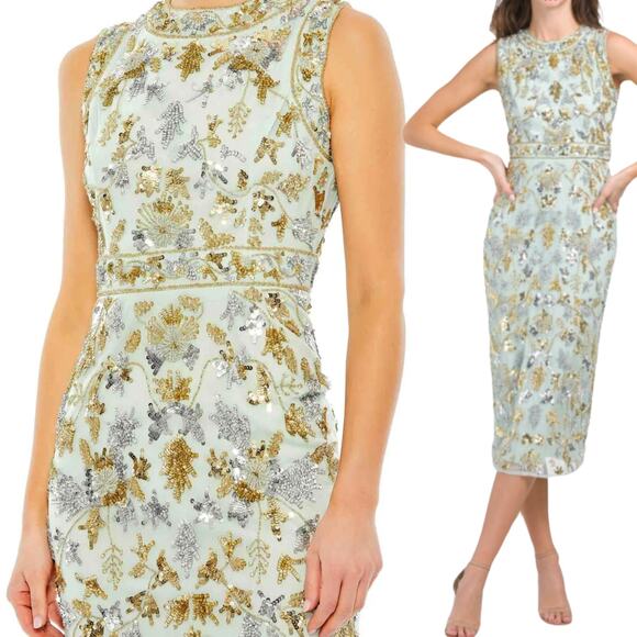 NWT MAC DUGGAL DRESS 14 SAGE GREEN SEQUIN BEADED FLORAL SHEATH MIDI METALLIC - Picture 1 of 16